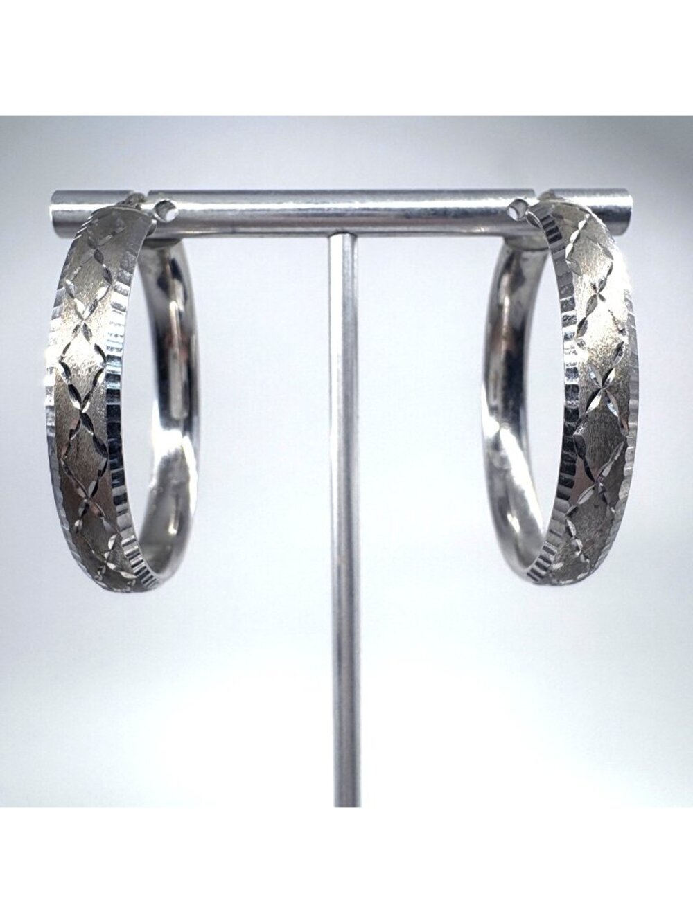 Textured Diamond Cut Hoop Earrings Sterling Silver 925 Size 1.5" Diameter